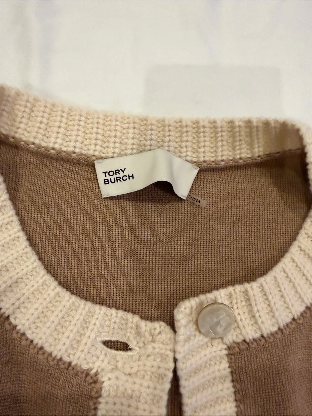 Tory Burch Kendra Cardigan Camel with Cream Trim